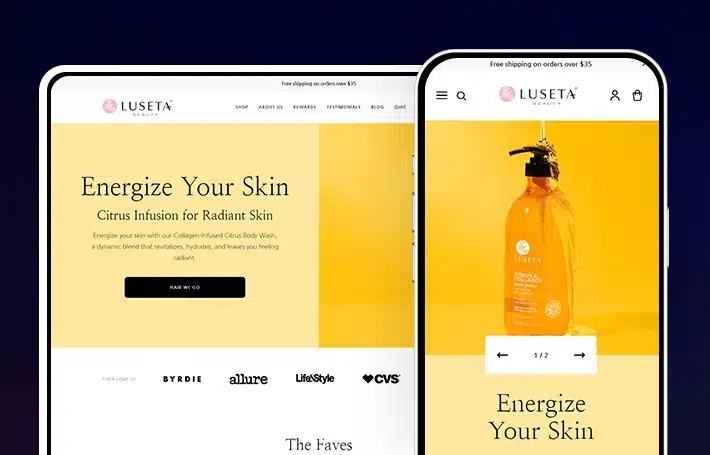 Images of Luseta Beauty's homepage in mobile and desktop versions.