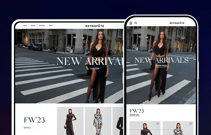 Images of Retrofete's mobile and desktop homepage with header text reading "new arrivals."